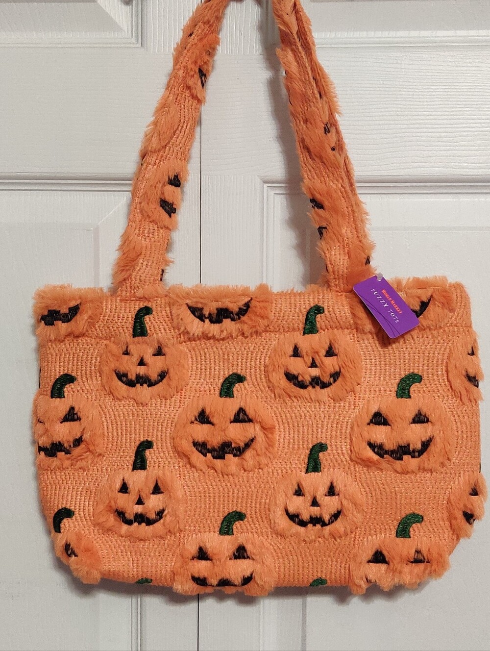 World Market Viral Tik Tok Halloween Pumpkin Fuzzy Tote Bag Orange New 9" X 14"